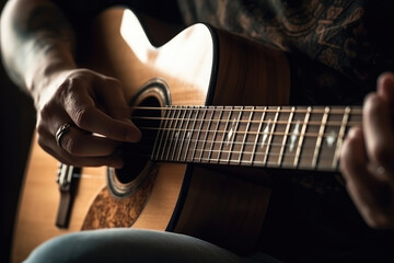 Fototapeta premium Musician Hands Playing a Beautiful Melody on an Acoustic Guitar extreme closeup. Generative AI