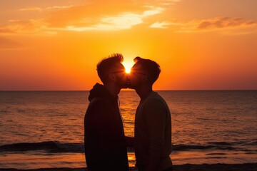 Romantic Homosexual Man Couple Sharing a Kiss under a Vibrant Sunset on the Beach extreme closeup. Generative AI