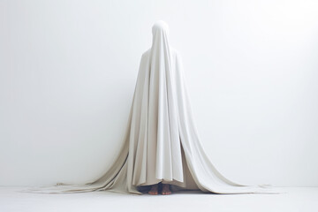Hidden Depression Concept. Woman Covered with a White Sheet Like a Ghost on a White Background. Generative AI