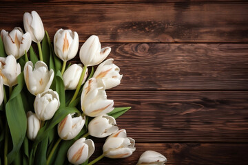 Tulip border with copy space. Bouquet of  tulips flowers on vintage wooden background. Beautiful frame composition of spring flowers. 