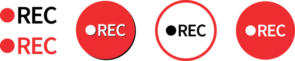 Rec icons collection of record buttons. Video recording Sign. Red and black symbol for start of recording audio or video on camera. 