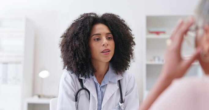 Woman, doctor and consulting patient at clinic in diagnosis, illness or healthcare at hospital. Female medical professional talking to sick customer in health consultation, advice or cure at pharmacy
