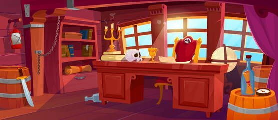 Pirate captain's cabin interior. Inside of an old wooden ship. Game background with a desk, chair, rum barrel, treasure map, skull, bottle and light from a window. Cartoon vector illustration.