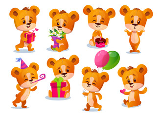 Set of cute teddy bear characters on holiday with a gift box, cake, balloons, and wearing a party hat isolated on white background. Birthday celebration collection. Cartoon vector illustration.