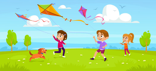 Obraz na płótnie Canvas Cute little kids and a dog playing with kites in a park. Children holding kite strings in their hands, running and flying them in the sky. Summer outdoor activities. Cartoon vector illustration