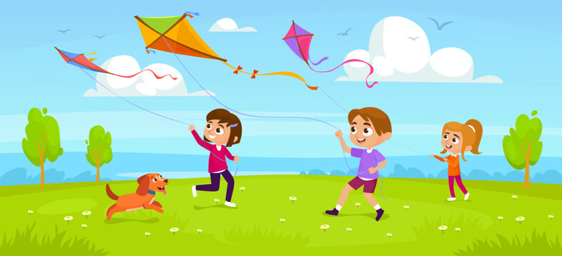 Cute little kids and a dog playing with kites in a park. Children holding kite strings in their hands, running and flying them in the sky. Summer outdoor activities. Cartoon vector illustration