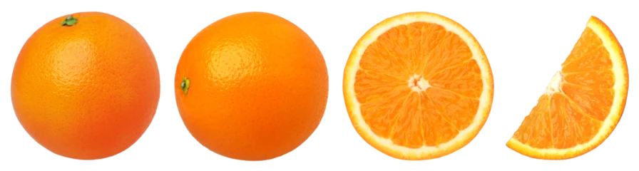 Poster Orange fruit half and slices isolated, Orange fruit macro studio photo, transparent png, collection, PNG format, cut out © natthapol