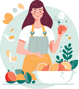 Young woman cooking in the kitchen. Healthy food. Healthy Lifestyle. Cooking at home. vector illustrations