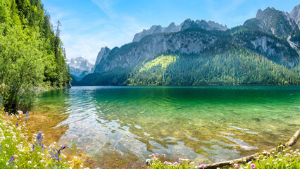 Gosausee, a beautiful lake with moutains in Salzkammergut, Austria. - obrazy, fototapety, plakaty