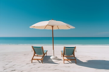 Obraz premium Chairs on the sandy beach near the sea. Summer holiday and vacation concept for tourism. Tropical Holiday background. Generative Ai