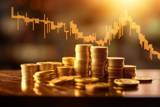 An illustration of a gold bar and gold coin resting on a graph of stocks and shares representing investment, Generative AI.
