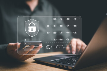 Cybersecurity privacy of data protection and management concept, Businessman use smartphone login to data cloud computing network connecting  data storage and internet service