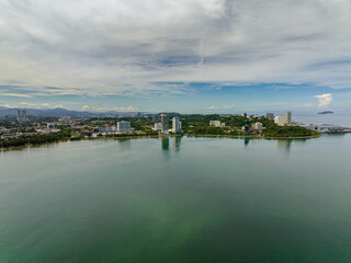 View of the city of Kota Kinabalu from the sea. Borneo, Sabah, Malaysia.