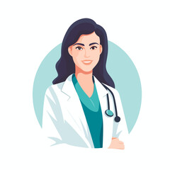 Medicine concept with young woman doctor in thin line style. Consultation and diagnosis. Vector illustration.