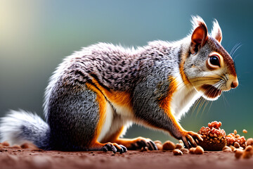 Cute American red squirrel in autumn golden light eating acorn