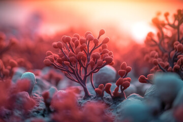 Abstract Sunset Coral background. Intense hue of sunset prompts a reboot to prioritize life's pleasures, the growing importance of withdrawing into and examining oneself through Generative AI