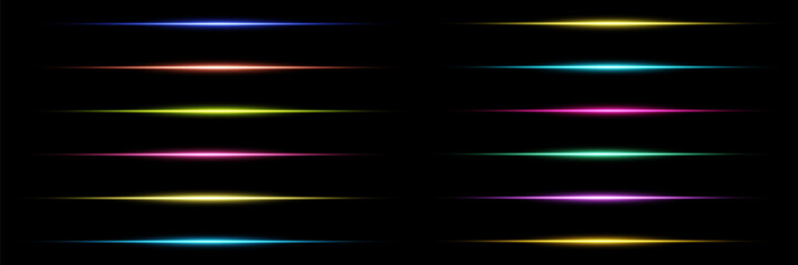 Collection of neon glowing light effect. Luminous lines of light in all colors. On a black background.