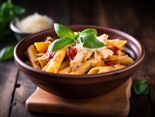 Penne pasta in tomato sauce with chicken in a bowl. Generative AI