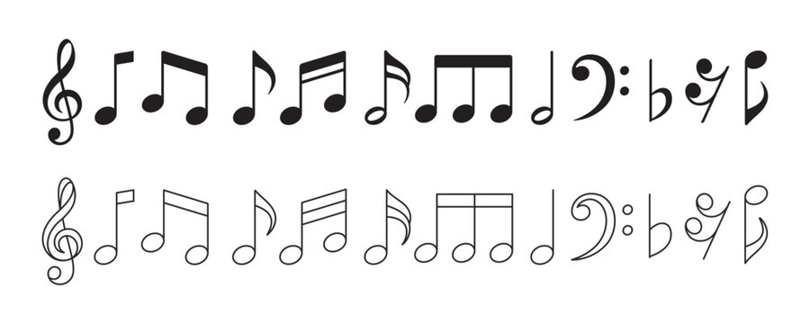 music notes set flat and outlined style