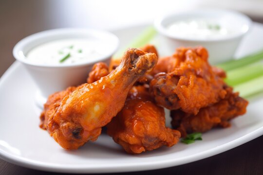 A platter of crispy and spicy buffalo wings. (Generative AI)