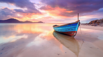 Beautiful sunset at the beach with the boat stranded in the low tide sand