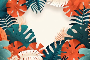 White rectangle surrounding by colorful vector palms and monstera leaves.Concept for wall decor, wallpaper, poster, card, mural, carpet, hanging, print. Generative Ai