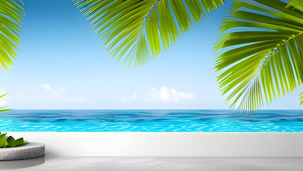 Sunny tropical Caribbean beach with palm trees and turquoise water, island vacation, hot summer day - Generative AI