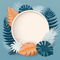 Fototapeta na wymiar White circle surrounding by pastel color vector palms and monstera leaves. Concept for wall decor, wallpaper, poster, card, mural, carpet, hanging, print. Generative Ai
