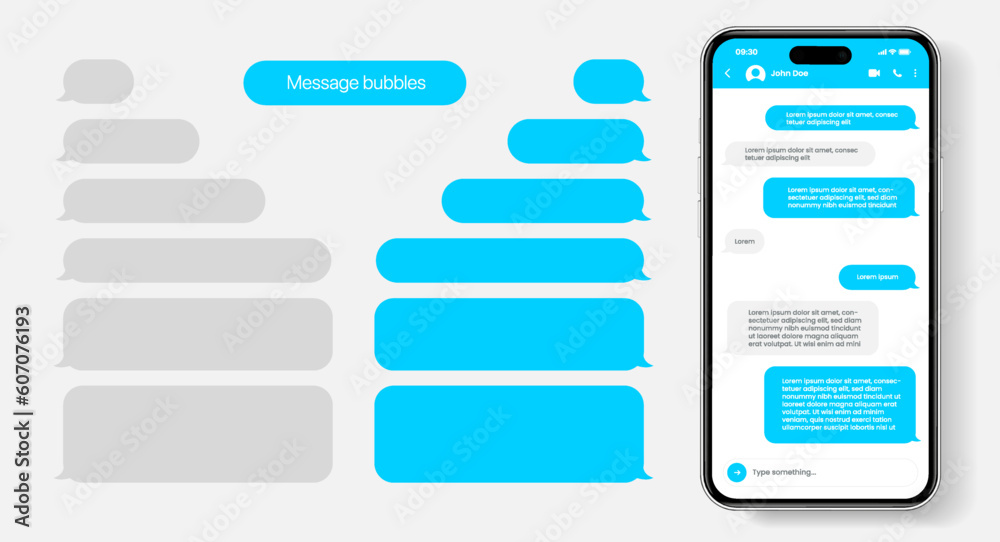 Poster Message smartphone template. Mobile chatting sms app template bubbles. Message bubbles chat on smartphone icons. Phone chatting sms template bubbles. Isolated smartphone