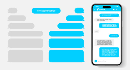 Message smartphone template. Mobile chatting sms app template bubbles. Message bubbles chat on smartphone icons. Phone chatting sms template bubbles. Isolated smartphone - obrazy, fototapety, plakaty