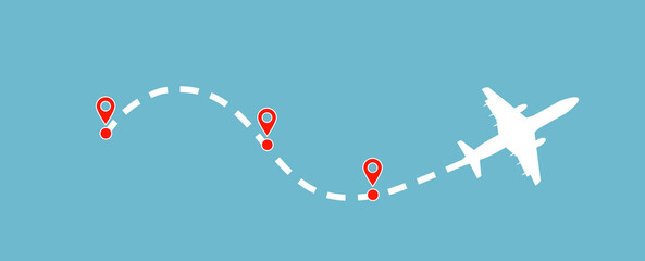 plane on sky, Map Pins and Airplane Routes, Air Travel and Map Pin Path, airplane travel line path with map pins