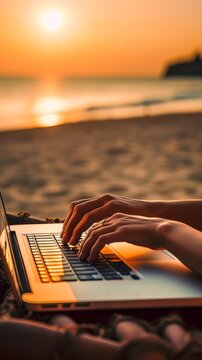 Closeup of unrecognizable digital nomad typing on laptop at the beach showcasing the concept of making money online, sunset, vertical, generative ai