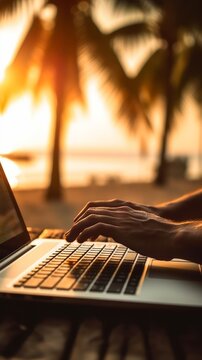 Closeup of unrecognizable digital nomad typing on laptop at the beach showcasing the concept of making money online, sunset, vertical, generative ai