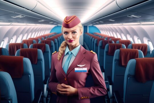 Female flight attendant on empty economic class passenger seats. Picturesque generative AI