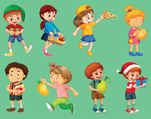 Set of different kid playing with their toys cartoon character isolated by the greatest graphics