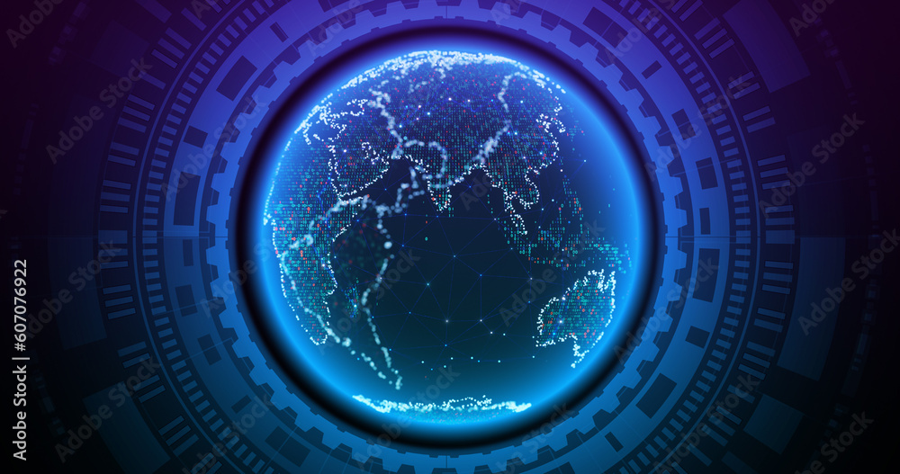 Poster abstract planet earth with circuit lines diagram on blue background. map of the earth from the squar
