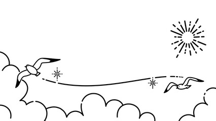 カモメの飛ぶ夏空のイラスト、夏のイメージの背景素材（モノクロ線画）