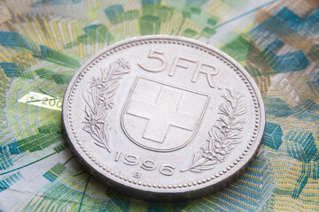 swiss franc coin on banknote