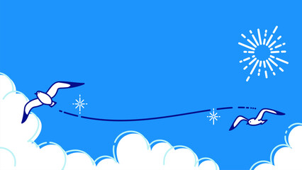 カモメの飛ぶ青空のイラスト、夏のイメージの背景素材