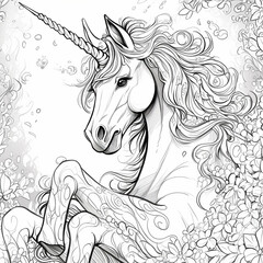 Naklejka na ściany i meble drawing of a children's coloring book of a unicorn, hyper detailed illustrations, high detail, black and white color, generative ai 