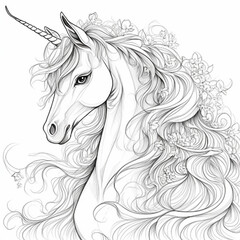 Obraz na płótnie Canvas drawing of a children's coloring book of a unicorn, hyper detailed illustrations, high detail, black and white color, generative ai 