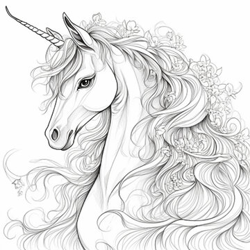 drawing of a children's coloring book of a unicorn, hyper detailed illustrations, high detail, black and white color, generative ai
