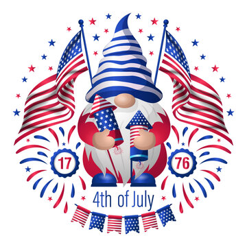 Cute gnomes girl holding fireworks, american flag, Celebrating of 4th of July vector clipart