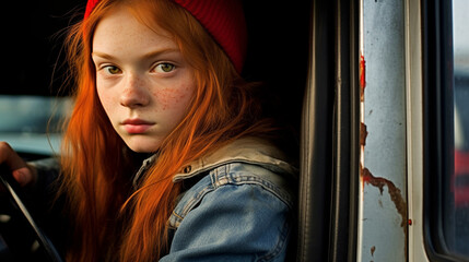 Obraz na płótnie Canvas young child kid teen teenager girl is a truck driver driving a truck on a road, job occupation working, transportation