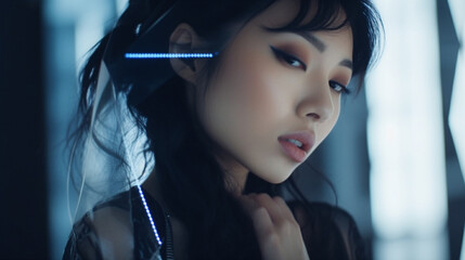 young adult asian woman, research and technology, abstract fictional scene, holographic displays