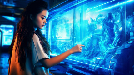 Fototapeta na wymiar futuristic display creates objects, replicator, young woman in fictional scene