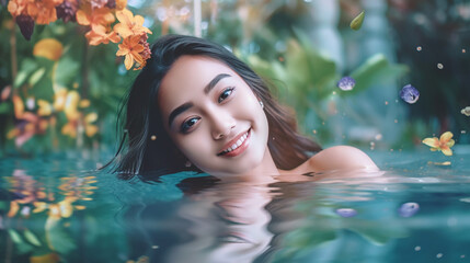 young adult woman in swimming pool in swimming pool enjoying swim vacation or wellness, joyful happy