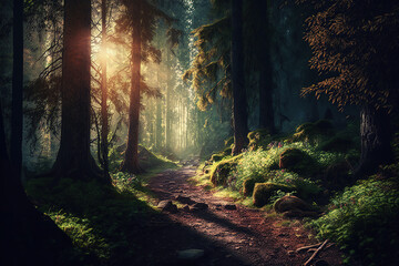 Fototapeta premium A forest path among trees on a misty autumn morning, by Sunbeams through, beautiful nature, AI Generative.