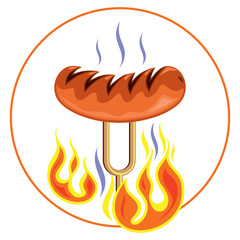 Gorąca kiełbaska z grilla - logo. Grillowana kiełbasa na widelcu. Pieczona w ogniu kiełbaska. Barbecue - kolorowa ilustracja, rysunek wektorowy, grill - symbol - obrazy, fototapety, plakaty