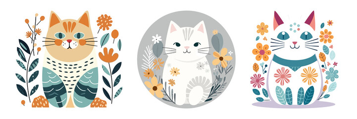 Cat illustration art clipart scandinavian style surrounded by branches and leaves set generative ai
